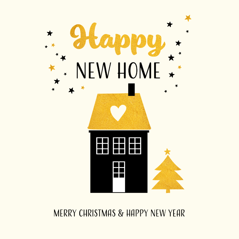 Kerstkaarten - Kerstkaart happy new home met goudkleur accenten 