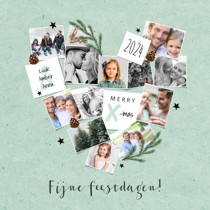 Kerstkaart hartje fotocollage groen winter liefde - Kerstkaarten Kerstkaarten - Kerstkaart hartje fotocollage groen winter liefde