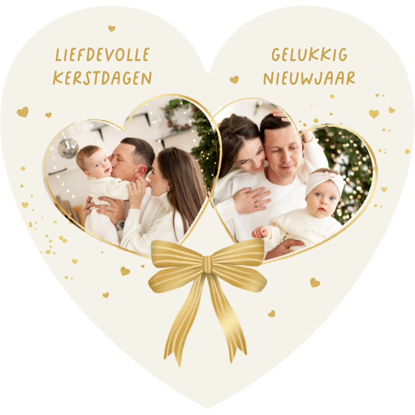 Kerstkaarten - Kerstkaart hartvorm foto's strik hartjes liefdevol