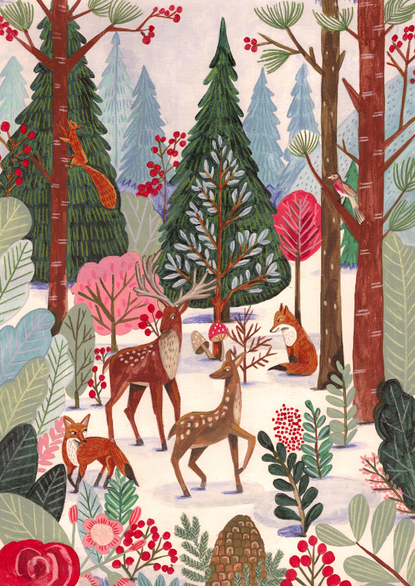 Kerstkaarten -  Kerstkaart hert en vos in het bos met sneeuw