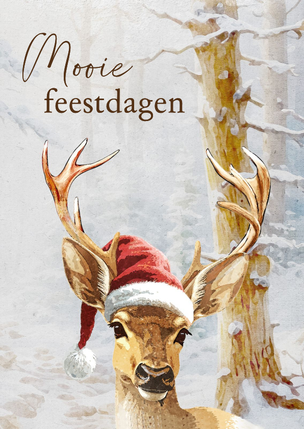 Kerstkaarten - Kerstkaart hert in een besneeuwd bos