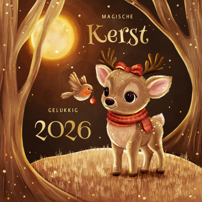 Kerstkaarten - Kerstkaart hert met roodborstje in sprankelend bos