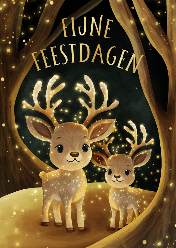 Kerstkaart hertjes in bos met sprankelende vuurvliegjes - Kerstkaarten Kerstkaarten - Kerstkaart hertjes in bos met sprankelende vuurvliegjes