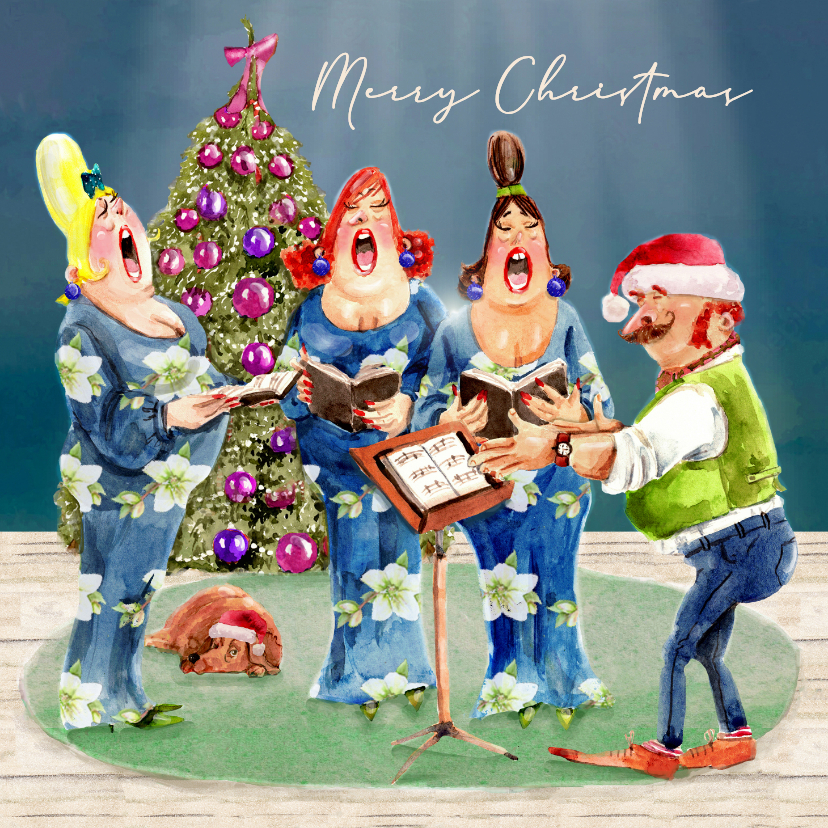 Kerstkaart het dames kerstkoor met dirigent - Kerstkaarten Kerstkaarten - Kerstkaart het dames kerstkoor met dirigent