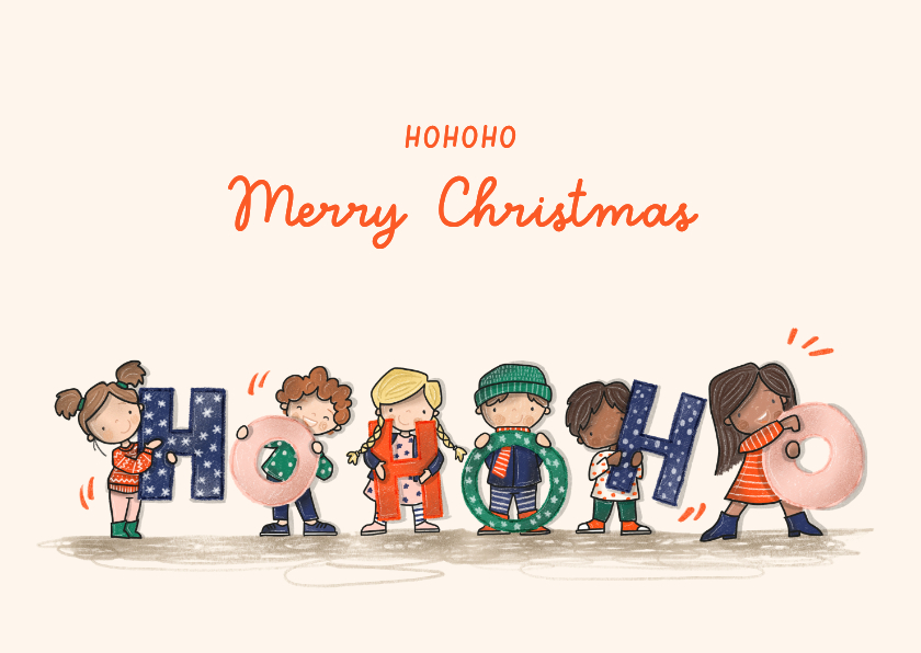Kerstkaarten - Kerstkaart Hohoho met vrolijke kinderen