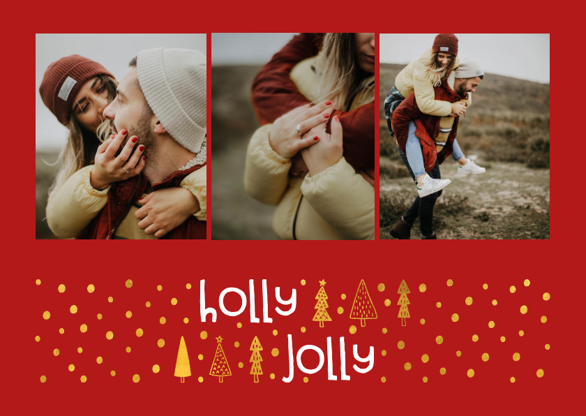 Kerstkaart 'holly jolly' goudlook met foto's - Kerstkaarten Kerstkaarten - Kerstkaart 'holly jolly' goudlook met foto's