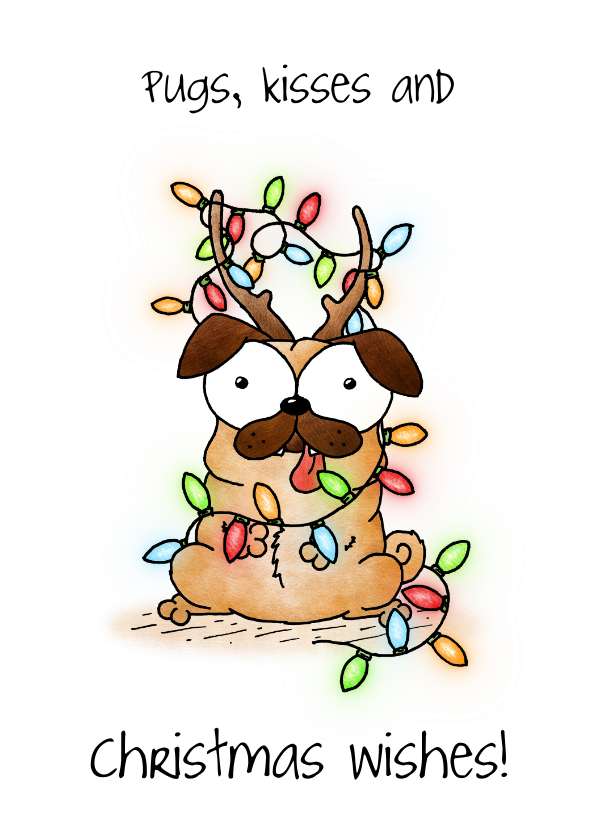 Kerstkaarten - Kerstkaart hond - Pugs, kisses and Christmas wishes!