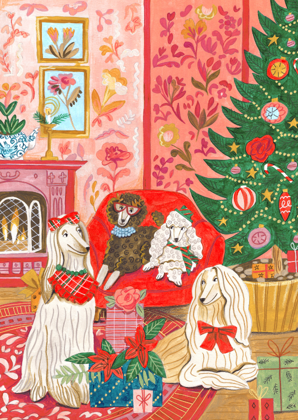 Kerstkaart honden gezellig in de woonkamer bij de kerstboom - Kerstkaarten Kerstkaarten - Kerstkaart honden gezellig in de woonkamer bij de kerstboom