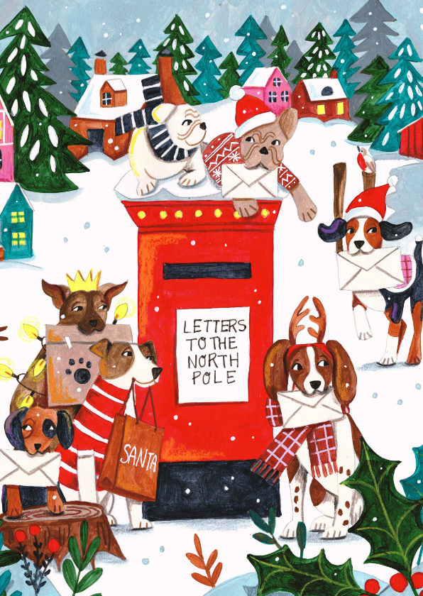 Kerstkaarten - Kerstkaart honden kerstman post illustratie