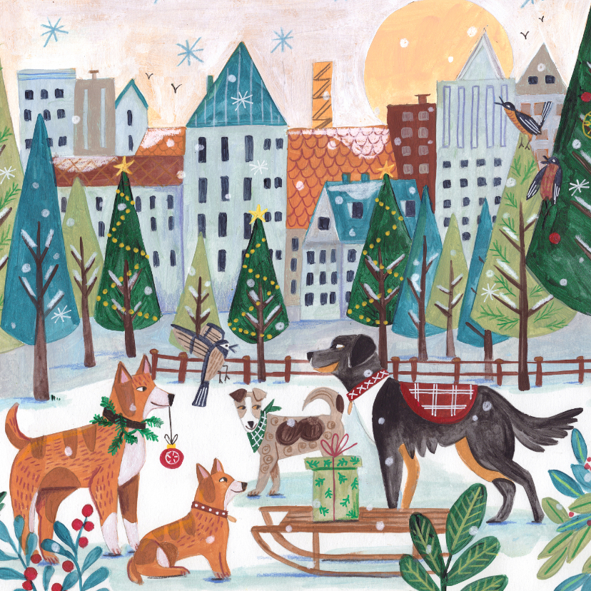 Kerstkaarten - Kerstkaart honden sneeuw stad kerst illustratie