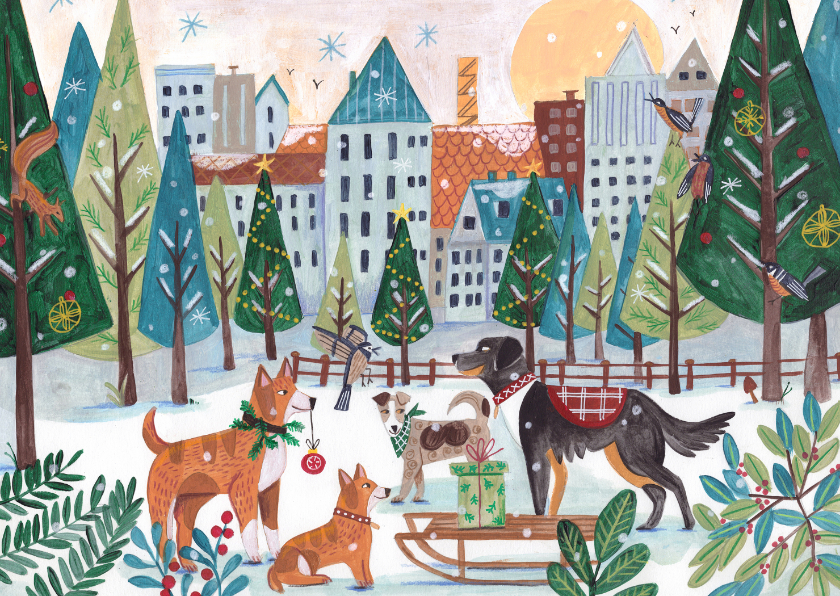 Kerstkaarten - Kerstkaart honden winter stad illustratie