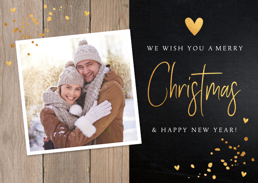 Kerstkaart hout donker confetti goud foto - Kerstkaarten Kerstkaarten - Kerstkaart hout donker confetti goud foto