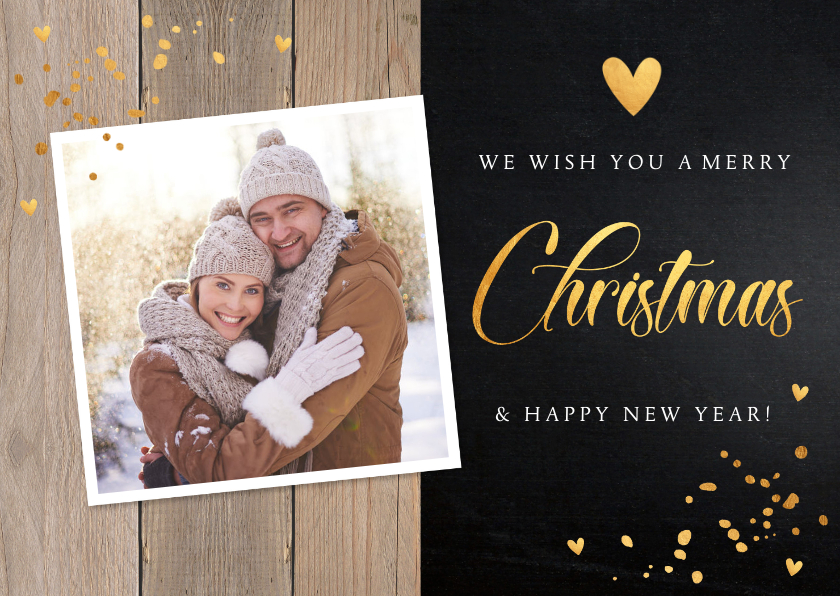 Kerstkaart hout donker confetti goudlook foto - Kerstkaarten Kerstkaarten - Kerstkaart hout donker confetti goudlook foto