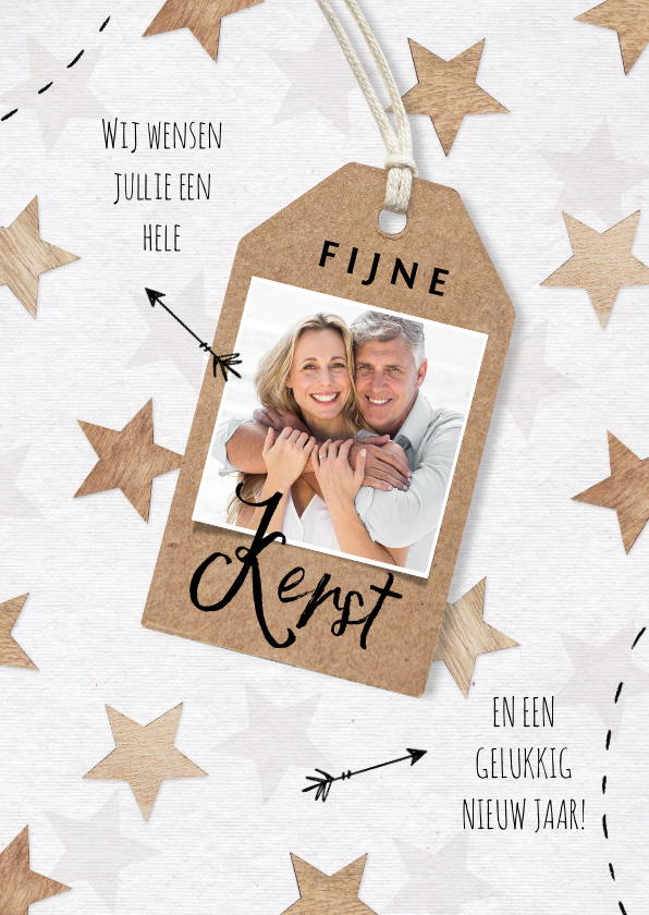Kerstkaart hout sterren label pijltjes foto - Kerstkaarten Kerstkaarten - Kerstkaart hout sterren label pijltjes foto