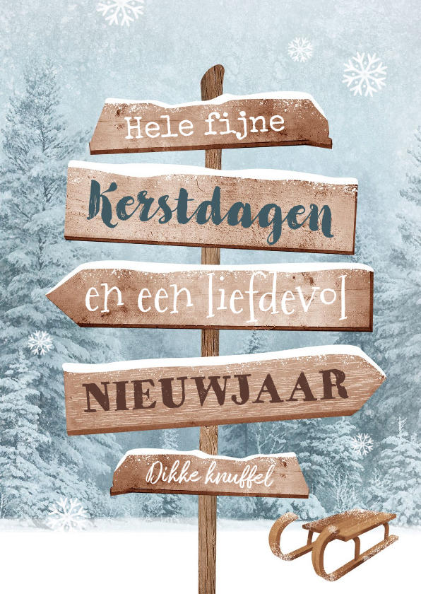 Kerstkaart houten wegwijzers winter landschap sneeuw - Kerstkaarten Kerstkaarten - Kerstkaart houten wegwijzers winter landschap sneeuw