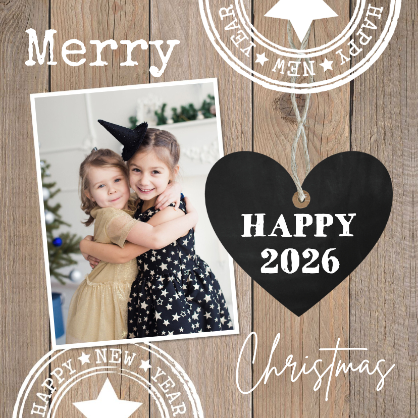 Kerstkaart houtlook hartje foto stempels - Kerstkaarten Kerstkaarten - Kerstkaart houtlook hartje foto stempels
