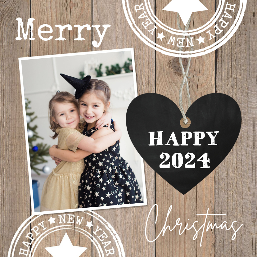 Kerstkaart houtlook hartje foto stempels - Kerstkaarten Kerstkaarten - Kerstkaart houtlook hartje foto stempels
