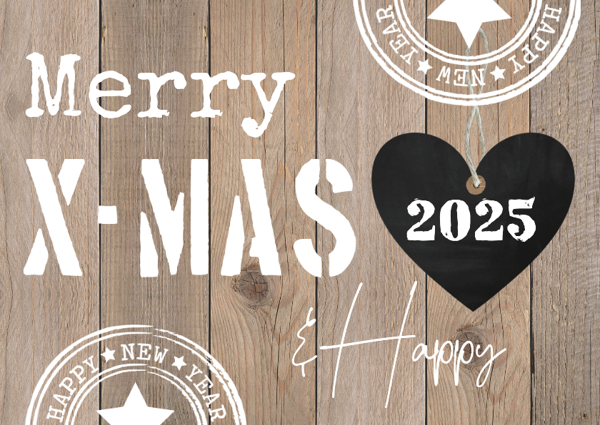 Kerstkaart houtlook hartje typografie 2025 Kaartje2go