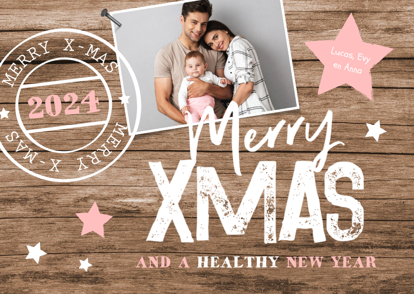 Kerstkaart houtlook stempel sterren foto typografie - Kerstkaarten Kerstkaarten - Kerstkaart houtlook stempel sterren foto typografie