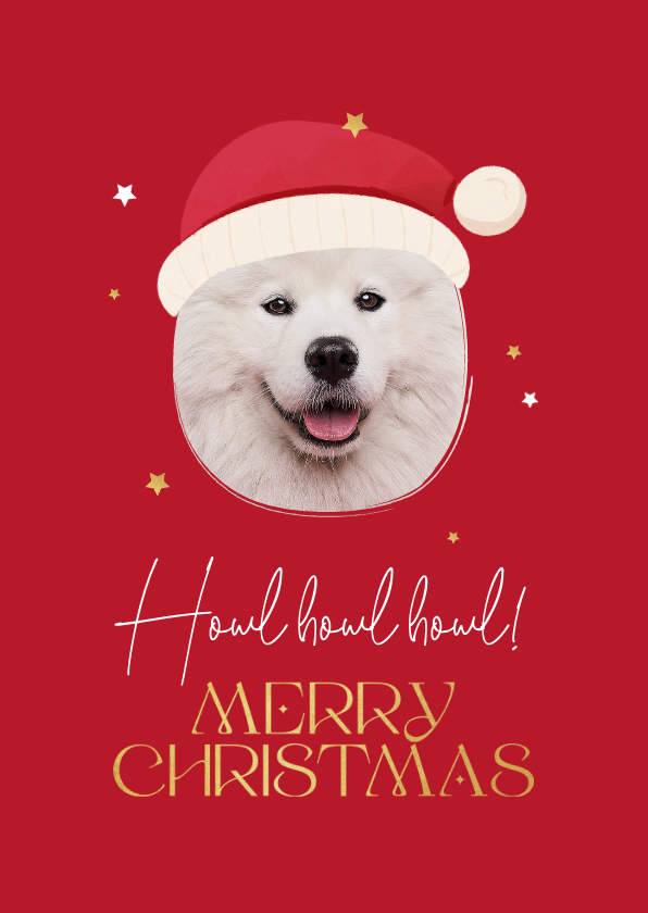 Kerstkaarten - Kerstkaart howl merry christmas hond kerstmuts sterren