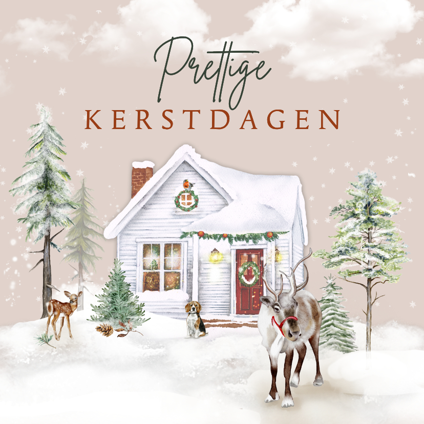 Kerstkaart huisje in winterlandschap met rendier - Kerstkaarten Kerstkaarten - Kerstkaart huisje in winterlandschap met rendier
