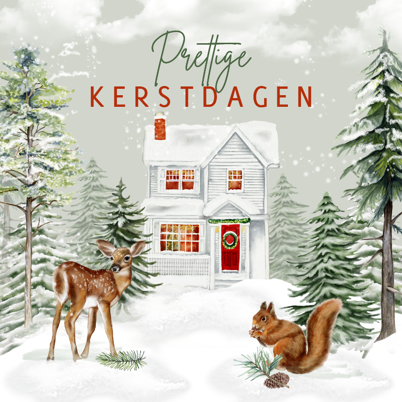 Kerstkaart huisje winterlandschap met hertje en eekhoorn - Kerstkaarten Kerstkaarten - Kerstkaart huisje winterlandschap met hertje en eekhoorn