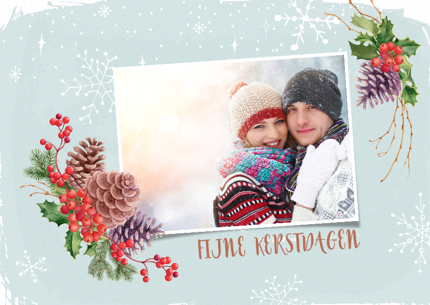 Kerstkaart hulst en dennenappels met foto - Kerstkaarten Kerstkaarten - Kerstkaart hulst en dennenappels met foto