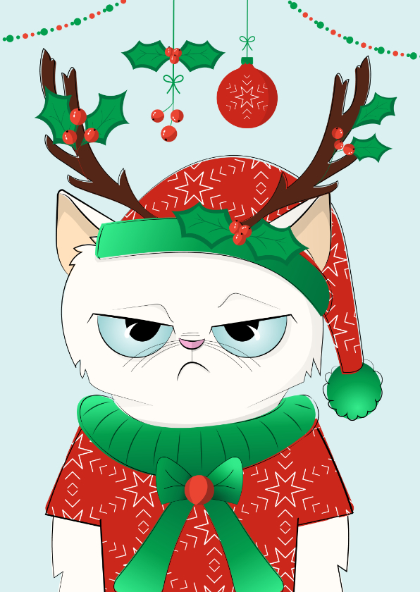 Kerstkaarten - Kerstkaart humor chagrijnige kat in hele foute kerstoutfit 