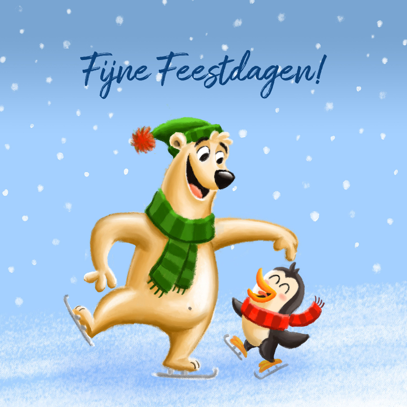 Kerstkaarten - Kerstkaart ijsbeer en pinguïn schaatsen in de sneeuw