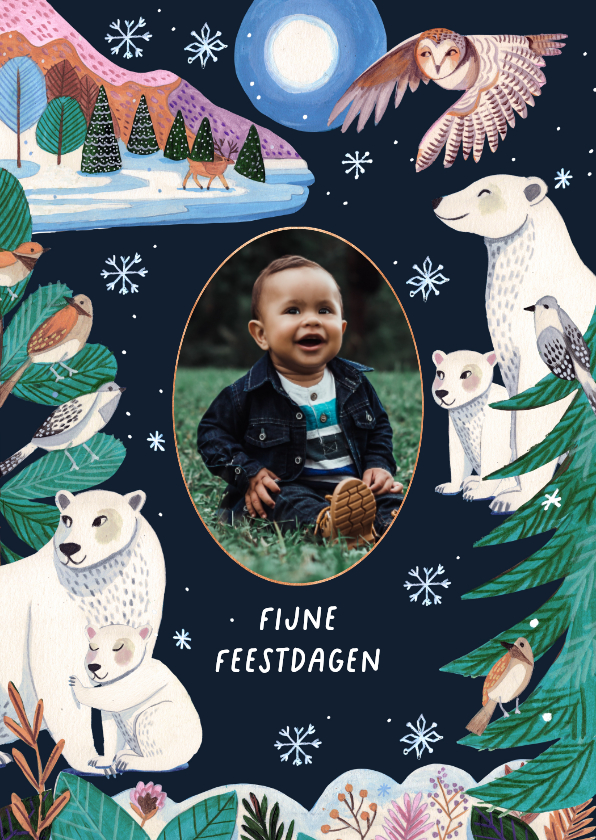 Kerstkaarten - Kerstkaart ijsberen bij maanlicht op de noordpool