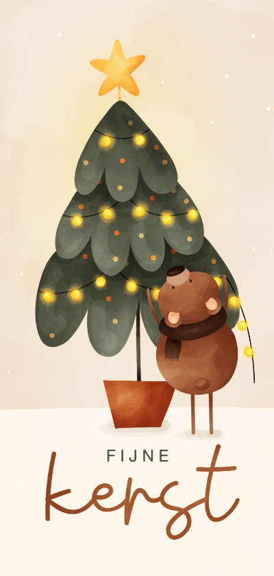 Kerstkaarten - Kerstkaart illustratie beertje en kerstboom met ster