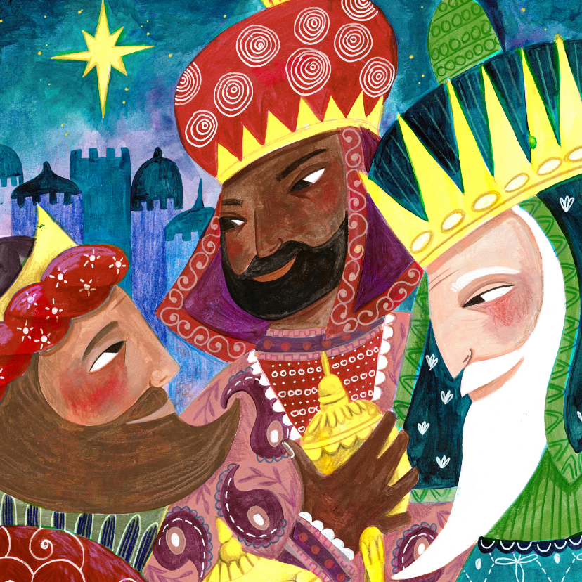 Kerstkaarten - Kerstkaart illustratie drie koningen wijzen relikwieen