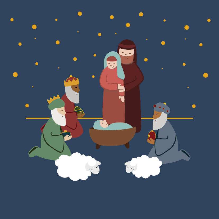 Kerstkaart illustratie geboorte Jezus kerststal - Kerstkaarten Kerstkaarten - Kerstkaart illustratie geboorte Jezus kerststal