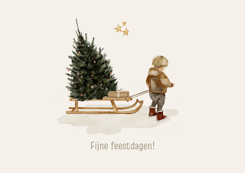 Kerstkaarten - Kerstkaart illustratie jongetje met slee en kerstboom