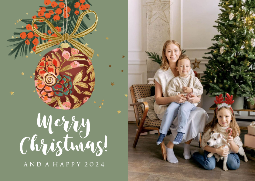 Kerstkaart illustratie kerstbal goud sterren Kaartje2go
