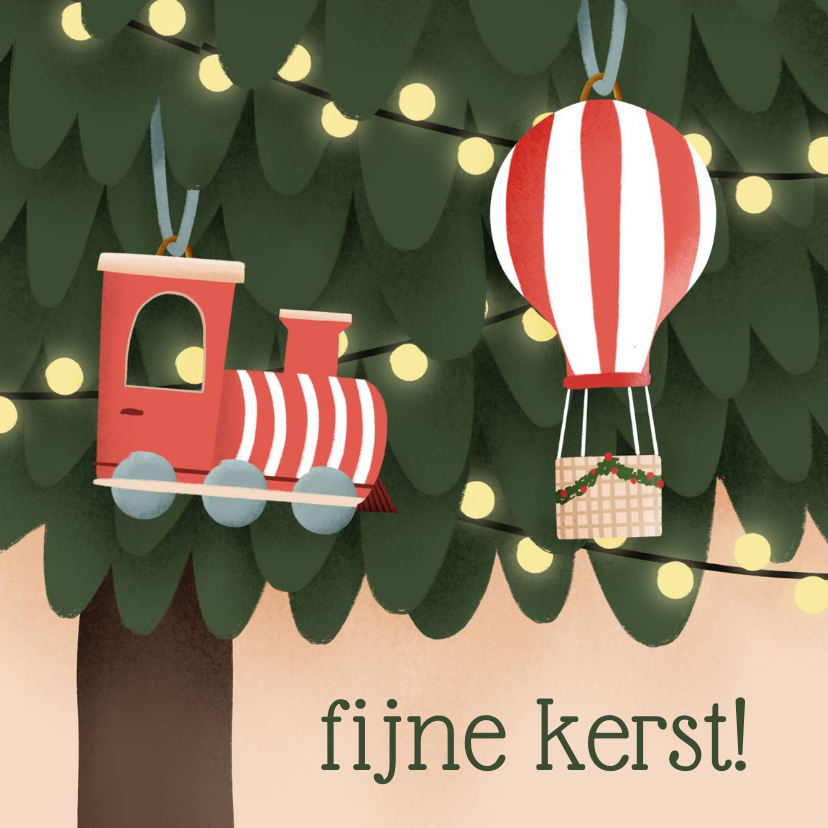 Kerstkaart illustratie van kerstboom voertuigjes en lichtjes - Kerstkaarten Kerstkaarten - Kerstkaart illustratie van kerstboom voertuigjes en lichtjes