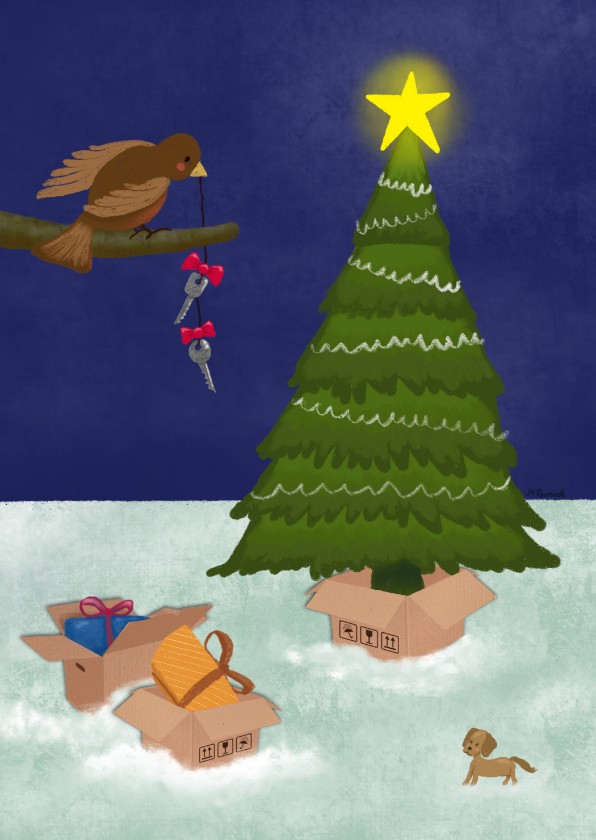 Kerstkaart illustratie verhuisdozen bij kerstboom avond - Kerstkaarten Kerstkaarten - Kerstkaart illustratie verhuisdozen bij kerstboom avond
