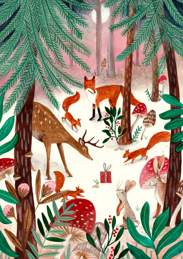 Kerstkaarten - Kerstkaart illustratie woodland wonders bos dieren