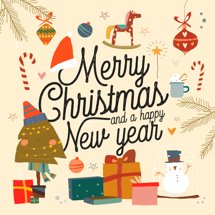 Kerstkaarten - Kerstkaart illustraties Merry Christmas happy new year 