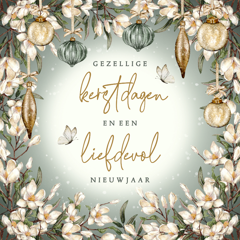 Kerstkaart in groen met kerstkrans en vlinders - Kerstkaarten Kerstkaarten - Kerstkaart in groen met kerstkrans en vlinders