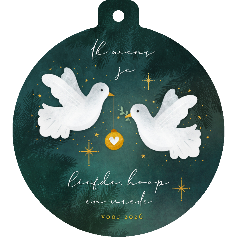 Kerstkaart in kerstbal vorm met witte duifjes - Kerstkaarten Kerstkaarten - Kerstkaart in kerstbal vorm met witte duifjes