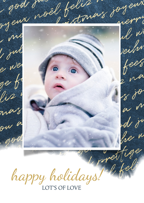 Kerstkaart internationaal waterverf met foto goud - Kerstkaarten Kerstkaarten - Kerstkaart internationaal waterverf met foto goud