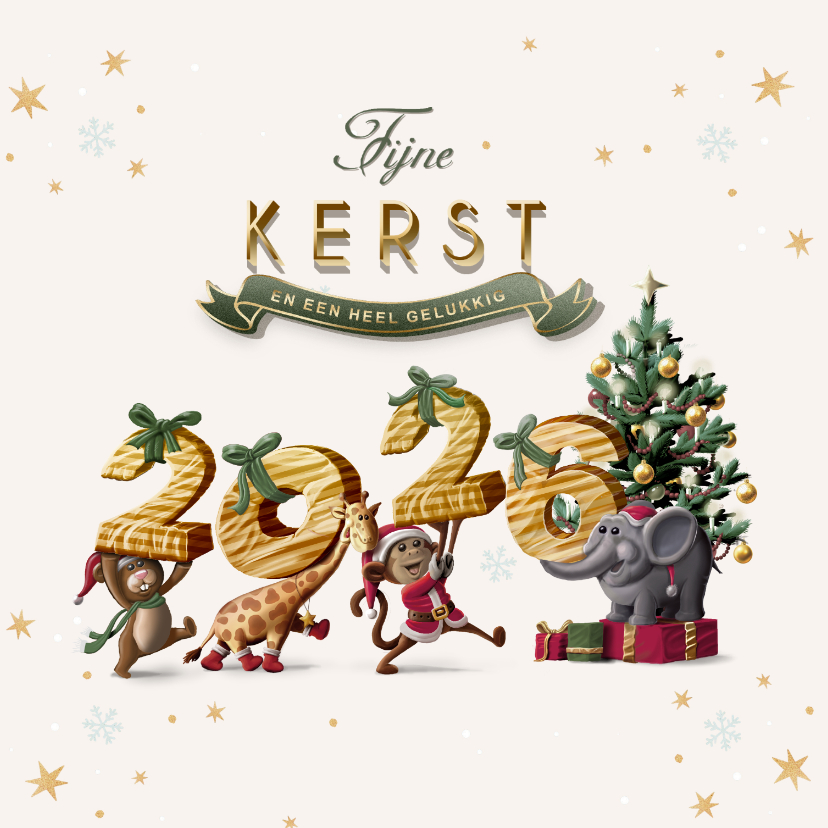 Kerstkaarten - Kerstkaart jaartal als pakjes diertjes op weg naar kerstboom