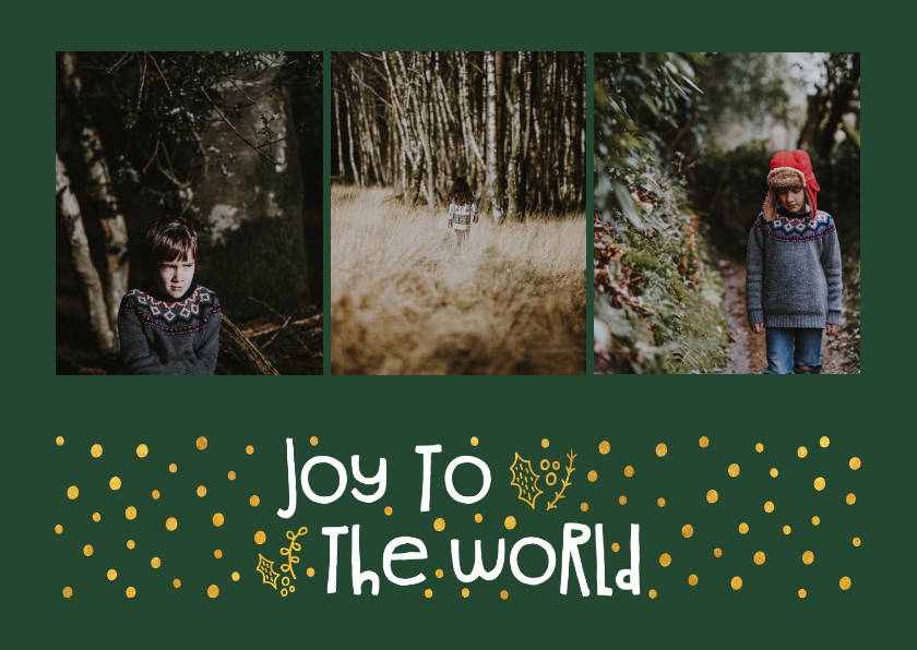 Kerstkaart 'joy to the world' goudlook met foto's - Kerstkaarten Kerstkaarten - Kerstkaart 'joy to the world' goudlook met foto's