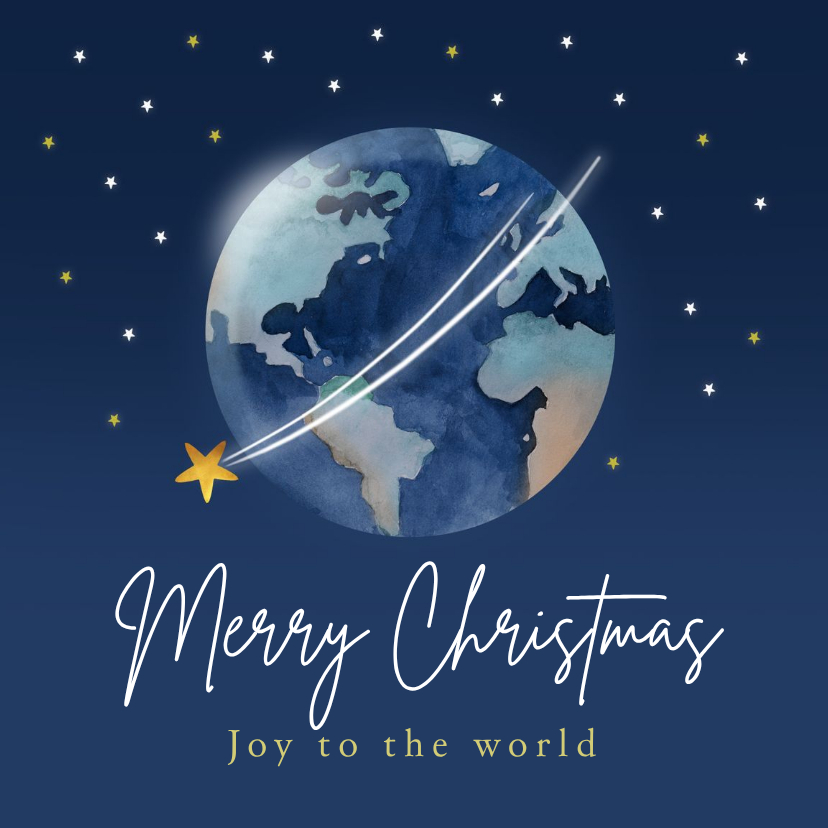 Kerstkaart joy to the world wereldbol sterren vallende ster - Kerstkaarten Kerstkaarten - Kerstkaart joy to the world wereldbol sterren vallende ster