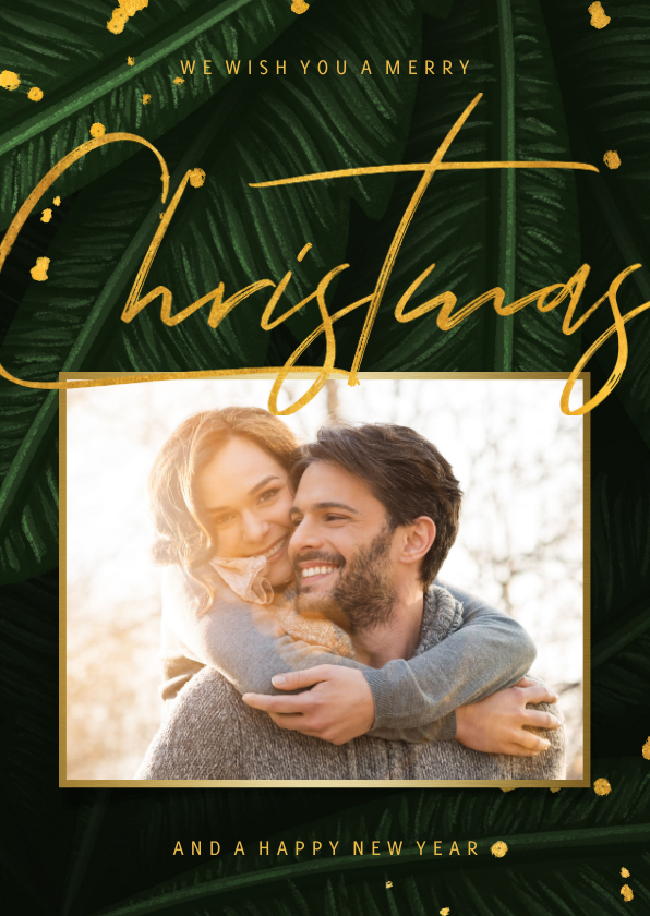 Kerstkaart jungle bladeren met foto en gouden 'christmas' - Kerstkaarten Kerstkaarten - Kerstkaart jungle bladeren met foto en gouden 'christmas'