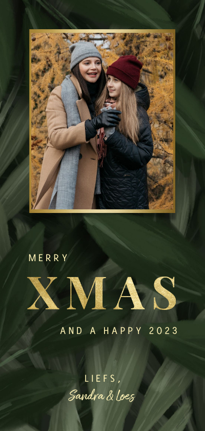 Kerstkaart jungle bladeren met foto en gouden xmas - Kerstkaarten Kerstkaarten - Kerstkaart jungle bladeren met foto en gouden xmas
