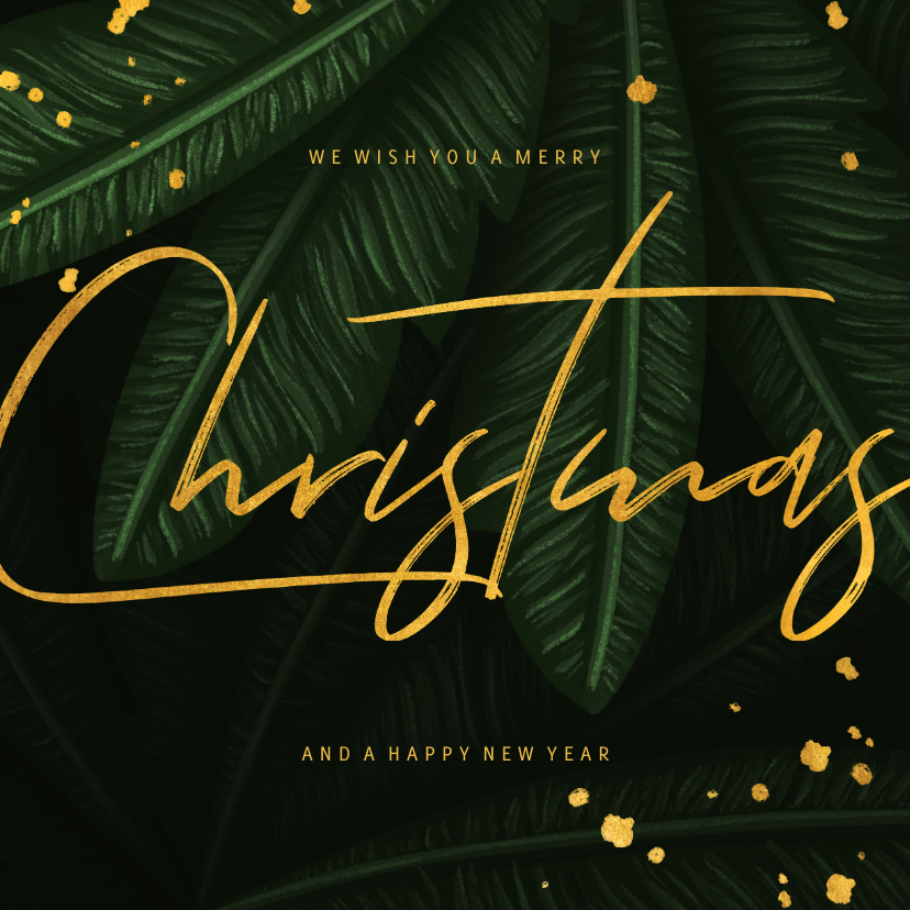 Kerstkaart jungle bladeren met gouden 'christmas' - Kerstkaarten Kerstkaarten - Kerstkaart jungle bladeren met gouden 'christmas'