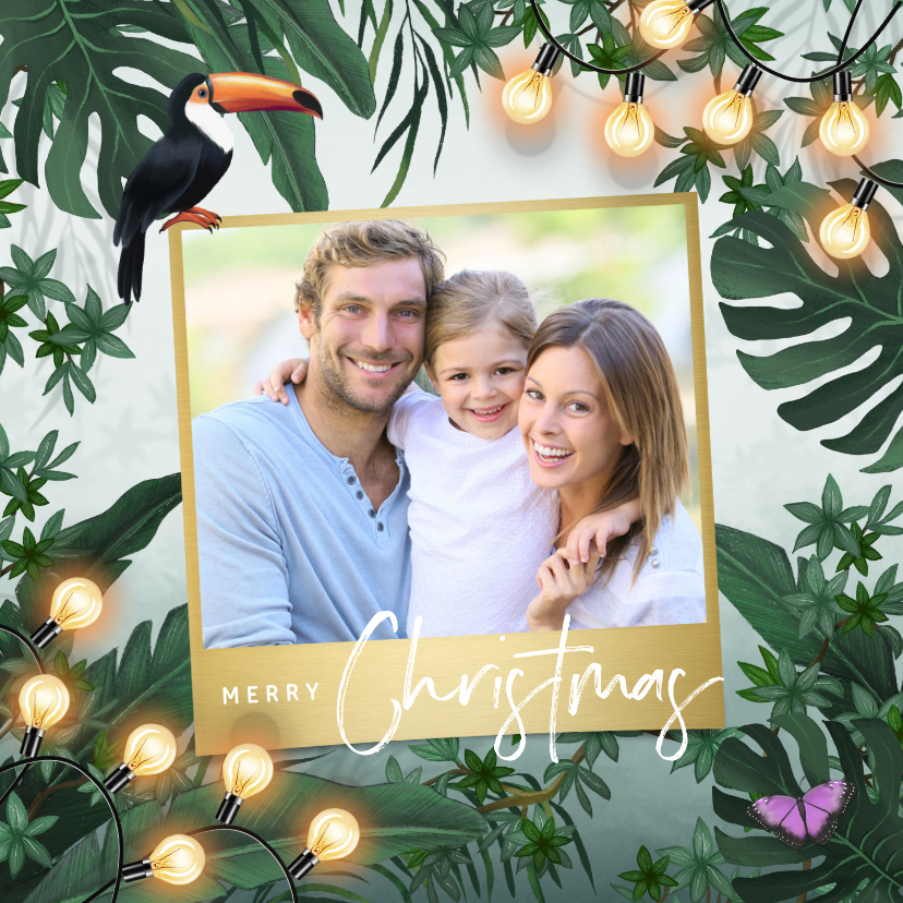 Kerstkaart jungle lampjes bladeren groen goud foto - Kerstkaarten Kerstkaarten - Kerstkaart jungle lampjes bladeren groen goud foto