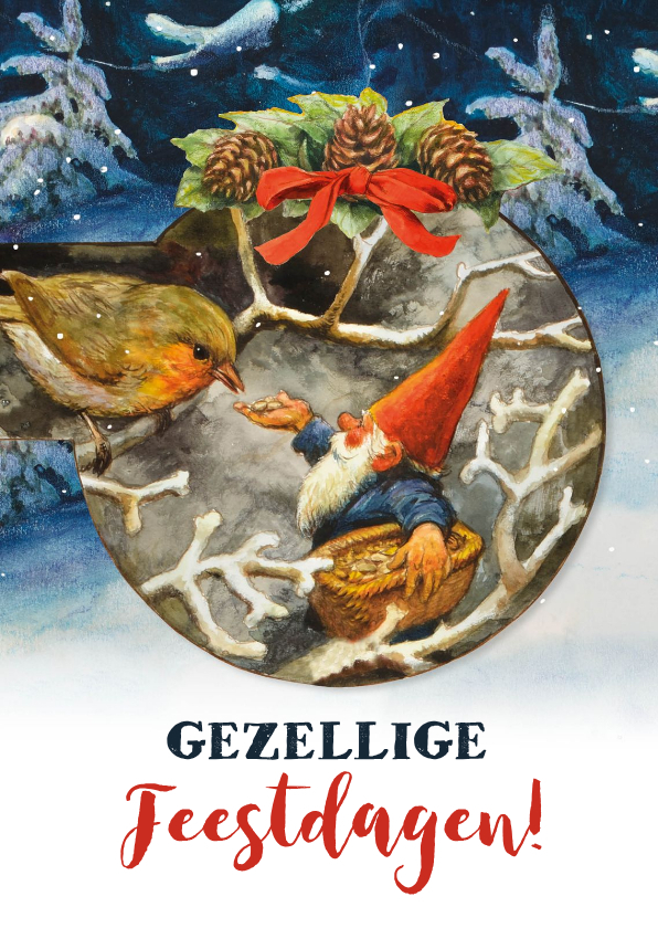 Kerstkaarten - Kerstkaart kabouter voert roodborstje